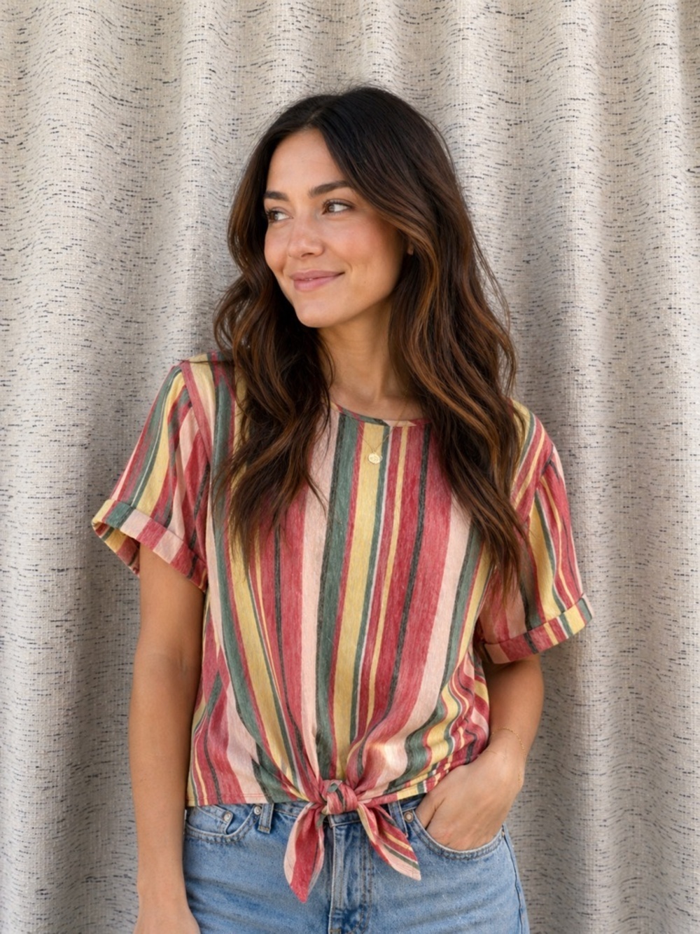 Kim & Cami Multicolor Striped Tie-Front Crop Top NWOT